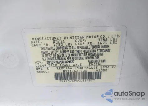 2012 Nissan Versa 1.6 Sl из США, поврежденный, VIN 3N1CN7AP5CL829577